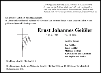 Traueranzeige von Ernst Johannes Geißler von  Gießener Anzeiger