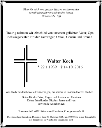 Traueranzeige von Walter Koch von Trauerportal Rhein Main Presse