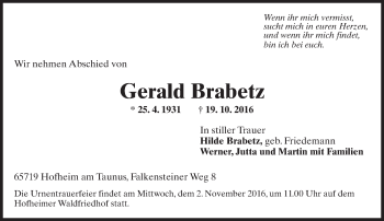 Traueranzeige von Gerald Brabetz von Trauerportal Rhein Main Presse