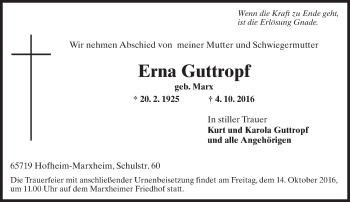 Traueranzeige von Erna Guttropf von Trauerportal Rhein Main Presse