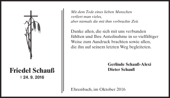 Traueranzeige von Friedel Schauß von Trauerportal Rhein Main Presse