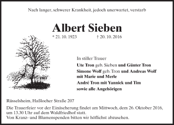 Traueranzeige von Albert Sieben von Trauerportal Rhein Main Presse