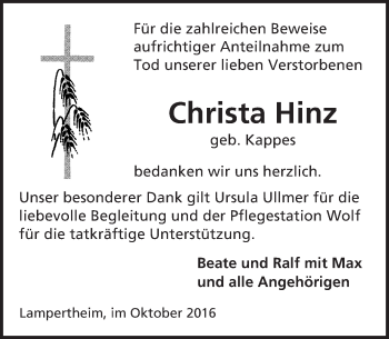 Traueranzeige von Christa Hinz von Trauerportal Echo Online