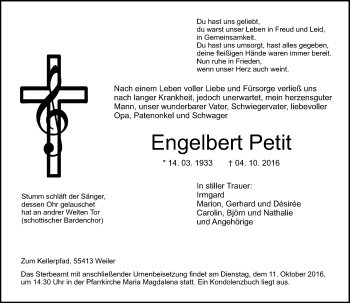 Traueranzeige von Engelbert Petit von Trauerportal Rhein Main Presse
