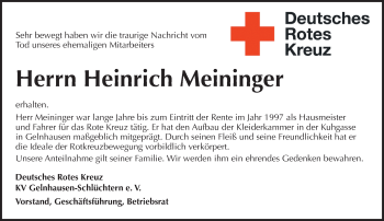 Traueranzeige von Heinrich Meininger von  Gelnhäuser Tageblatt
