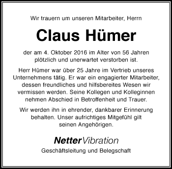 Traueranzeige von Claus Hümer von Trauerportal Rhein Main Presse