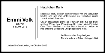 Traueranzeige von Emmi Volk von  Gießener Anzeiger