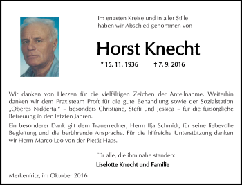 Traueranzeige von Horst Knecht von  Kreisanzeiger