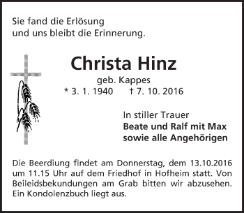 Traueranzeige von Christa Hinz von Trauerportal Echo Online