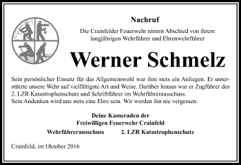 Traueranzeige von Werner Schmelz von VRM Trauer