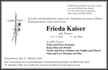 Traueranzeige von Frieda Kaiser von  Kreisanzeiger