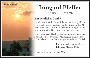 Traueranzeige von Irmgard Pfeffer von VRM Trauer