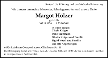 Traueranzeige von Margot Hölzer von Trauerportal Echo Online