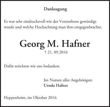 Traueranzeige von Georg M. Hafner von Trauerportal Echo Online