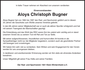 Traueranzeige von Aloys Christoph Bugner von Trauerportal Rhein Main Presse