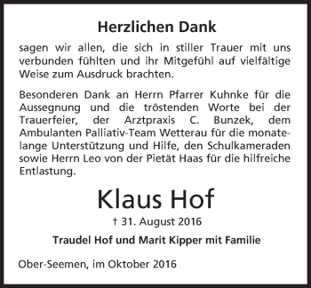 Traueranzeige von Klaus Hof von  Kreisanzeiger