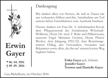 Traueranzeige von Erwin Gayer von Trauerportal Rhein Main Presse