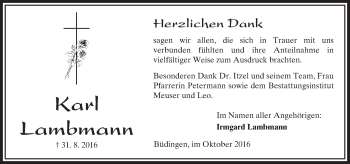 Traueranzeige von Karl Lambmann von  Kreisanzeiger