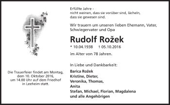 Traueranzeige von Rudolf Rozek von Trauerportal Echo Online