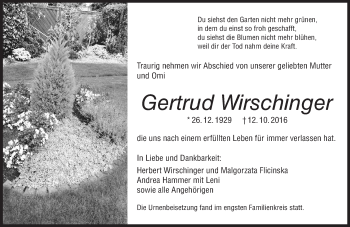 Traueranzeige von Gertrud Wirschinger von Trauerportal Rhein Main Presse