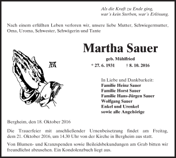 Traueranzeige von Martha Sauer von  Kreisanzeiger