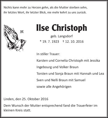 Traueranzeige von Ilse Christoph von  Gießener Anzeiger