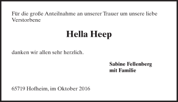 Traueranzeige von Hella Heep von Trauerportal Rhein Main Presse