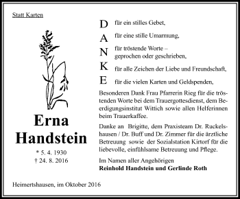 Traueranzeige von Erna Handstein von VRM Trauer