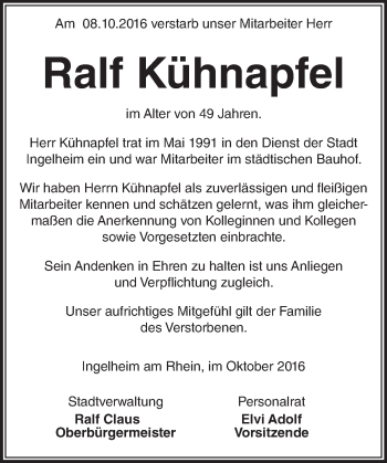 Traueranzeige von Ralf Kühnapfel von Trauerportal Rhein Main Presse