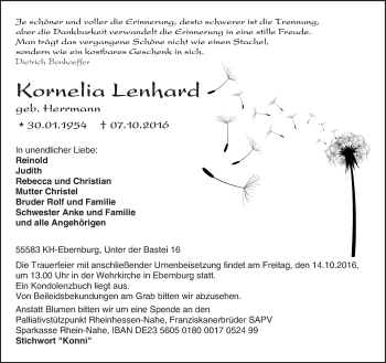 Traueranzeige von Kornelia Lenhard von Trauerportal Rhein Main Presse