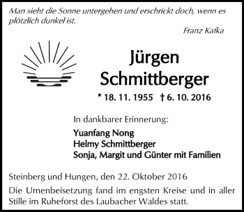 Traueranzeige von Jürgen Schmittberger von  Kreisanzeiger