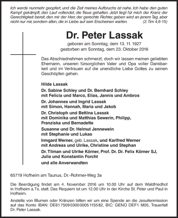 Traueranzeige von Peter Lassak von Trauerportal Rhein Main Presse