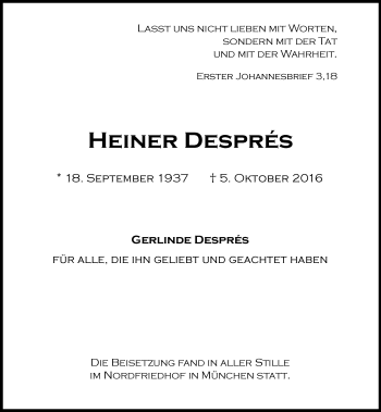 Traueranzeige von Heiner Després von Trauerportal Echo Online
