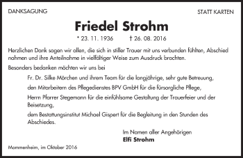 Traueranzeige von Friedel Strohm von Trauerportal Rhein Main Presse