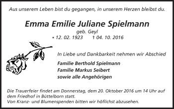Traueranzeige von Emma Emilie Juliane Spielmann von Trauerportal Echo Online