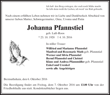 Traueranzeige von Johanna Pfannstiel von VRM Trauer