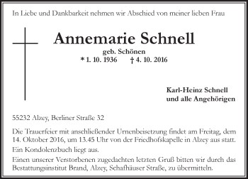 Traueranzeige von Annemarie Schnell von Trauerportal Rhein Main Presse