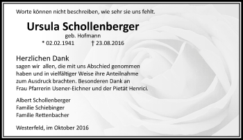 Traueranzeige von Ursula Schollenberger von  Usinger Anzeiger