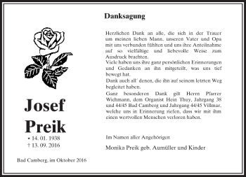 Traueranzeige von Josef Preik von  Camberger Anzeiger