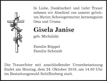 Traueranzeige von Gisela Janise von  Gießener Anzeiger