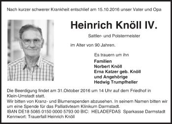 Traueranzeige von Heinrich Knöll IV. von Trauerportal Echo Online