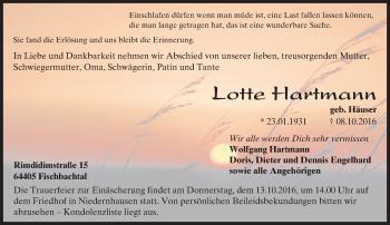 Traueranzeige von Lotte Hartmann von Trauerportal Echo Online