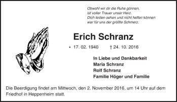 Traueranzeige von Erich Schranz von Trauerportal Echo Online