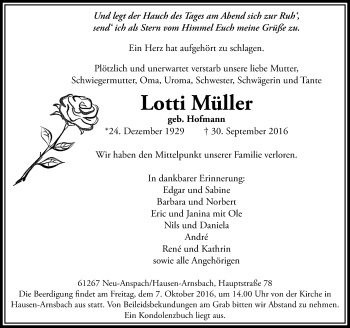Traueranzeige von Lotti Müller von  Usinger Anzeiger