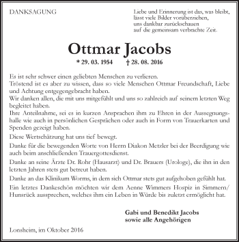 Traueranzeige von Ottmar Jacobs von Trauerportal Rhein Main Presse