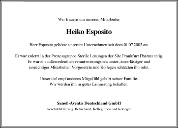 Traueranzeige von Heiko Esposito von Trauerportal Rhein Main Presse