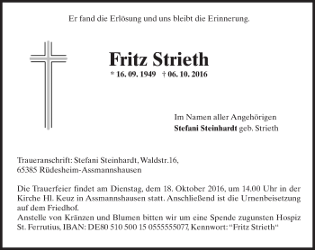 Traueranzeige von Fritz Strieth von Trauerportal Rhein Main Presse