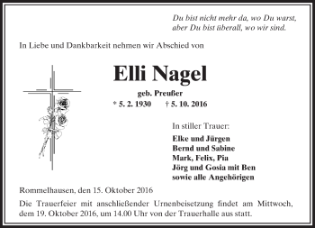 Traueranzeige von Elli Nagel von  Kreisanzeiger