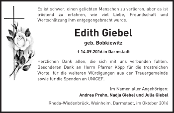 Traueranzeige von Edith Giebel von Trauerportal Rhein Main Presse