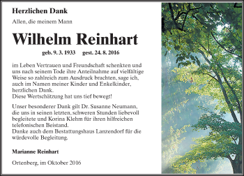 Traueranzeige von Wilhelm Reinhart von  Kreisanzeiger
